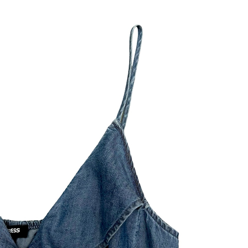 Express Chambray Ruffle Front Mini Dress - Picture 6 of 8